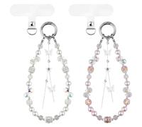 MEDIHOOL Elegant Butterfly Keychain, Pearl Phone Charm with Crystal Lanyard, Cute Accessories for Keys and Phones, 2 Pack (White and Pink)