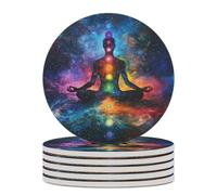 Meditating Cosmic Psychedelic Round Ceramic Coasters Non-Slip Cork Base Drinks Holder Craft 6PCS