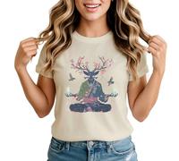 Meditating Deer Creature Womens Graphic T-Shirt Spiritual Fantasy Floral Antlers Zen Tee 2XL