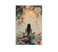 Meditating Girl in Lotus Pond Wall Art Zen Watercolor Poster with Floral Nature Scene for Yoga Room Spa Or Boho Mindfulness Decor Gift 24x36inch(60x90cm) Unframe