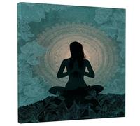 Meditation Silhouette Canvas Wall Art, Teal Green Floral Poster Prints, Abstract Home Aesthetic Decor for Living Room, Bedroom, Yoga Studio, Wrapped Canvas 12x12 Inch