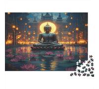 Meditative Buddha Statue Jigsaw Puzzle for Adults 1000 Piece Jigsaw Puzzle Night Water Lantern Scene Puzzle Game for Family Relax Home Gift 38x26cm/1000pcs