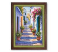Mediterranean Alleyway Coastal Framed Wall Art Print A4 (29.7×21cm) Walnut, Wall Decor for Living Room, Bedroom, Office & Home, Ready to Hang, Art Gift