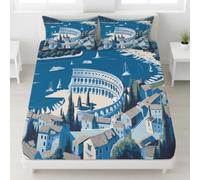 Mediterranean Architecture Fitted Sheet Ocean Coast Architecture Sailboat Bedding Set 30 cm Deep Pocket Microfiber Breathable Bed Sheet Small Double for Kids Teens Room Decoration 120 x 190 cm