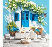 Mediterranean Architecture Wall Mural Wallpaper, Floral Cat Wallpaper Decorative Wall Mural for Bedroom Study Living Room Home Decor Photo, 356 x 256 cm(W x H)