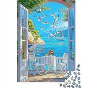 Mediterranean Balcony Jigsaw Puzzle for Adults 1000 Piece Jigsaw Puzzle Seagull Scene Calm Decoration Stress Relief 52x38cm/1000pcs