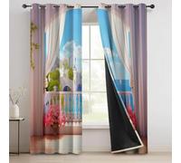 Mediterranean Balcony Sea View Printed 100% Blackout Curtains For Bedroom & Living Room 55 X 102 In (2 Panels) - Thermal Insulated Energy Saving Eyelet Curtains, Noise Reducing Window Drapes Blue