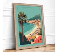 Mediterranean Beach Town Coastal Framed Wall Art Print A3 (42×29.7cm) Oak, Wall Decor for Living Room, Bedroom, Office & Home, Ready to Hang, Art Gift