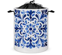 Mediterranean Blue And White Decorative Square T Laundry Basket Laundry Hamper Round Collapsible Drawstring Clothes Hamper for Bedroom Bathroom
