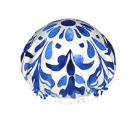 Mediterranean Blue And White Decorative Square T Prints Shower Cap Double Layer Lined Waterproof Bathing Shower Hat