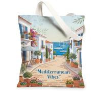 Mediterranean Canvas Tote Bag for Women, Coastal Relaxed Flowers Summer Blue Washable Reusable Grocery Bag for Shopping Brunch Park Library Day Trips 13x15 Inch