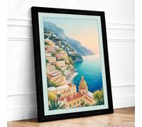 Mediterranean Cascades Coastal Framed Wall Art Print A2 (59.4×42cm) Black, Wall Decor for Living Room, Bedroom, Office & Home, Ready to Hang, Art Gift