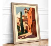 Mediterranean Church at Dusk Vintage Framed Wall Art Print A2 (59.4×42cm) Oak, Wall Decor for Living Room, Bedroom, Office & Home, Ready to Hang, Art Gift