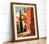 Mediterranean Church at Dusk Vintage Framed Wall Art Print A2 (59.4×42cm) Walnut, Wall Decor for Living Room, Bedroom, Office & Home, Ready to Hang, Art Gift