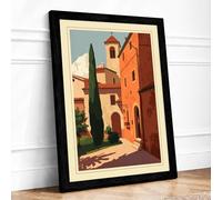 Mediterranean Church at Dusk Vintage Framed Wall Art Print A4 (29.7×21cm) Black, Wall Decor for Living Room, Bedroom, Office & Home, Ready to Hang, Art Gift
