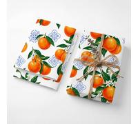 Mediterranean Citrus Orange Birthday Wrapping Paper Folded Sheets, 120GSM Thick Kraft Wrapping Paper for Women, Amalfi Coast Blue Tile Print Present Packaging for Wife Mom, Two Pack