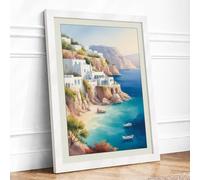 Mediterranean Clifftop Village Coastal Framed Wall Art Print A3 (42×29.7cm) White, Wall Decor for Living Room, Bedroom, Office & Home, Ready to Hang, Art Gift