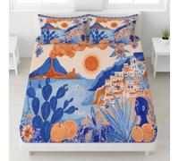 Mediterranean Coast Fitted Sheet Small Double Size, Sunny Volcano Ocean Architecture Bedding Set 30 cm Deep 3pcs with 2 Pillowcases for Kids Teens, Soft Microfiber Bed Cover 120 x 190 cm