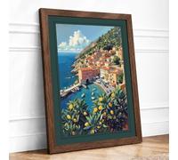 Mediterranean Coastal Escape Vintage Framed Wall Art Print A2 (59.4×42cm) Walnut, Wall Decor for Living Room, Bedroom, Office & Home, Ready to Hang, Art Gift