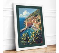 Mediterranean Coastal Escape Vintage Framed Wall Art Print A2 (59.4×42cm) White, Wall Decor for Living Room, Bedroom, Office & Home, Ready to Hang, Art Gift