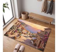 Mediterranean Coastal Town Door Mats Indoor for Front & Back Door Entrances, 80 x 120 cm | European-Style House Sunset Non Slip Doormats, Thin Low Profile, Stain Resistance Carpet, Easy to Clean