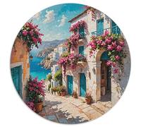 Mediterranean Coastal Village 1000 Piece Jigsaw Puzzle Round Paper For Adults Bright Floral Scene