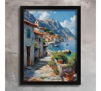 Mediterranean Coastal Village Art Print Seaside Landscape Painting Seascape Art Poster A3 - Wall Art Home Decor Movie Poster Canvas Film Cinema Retro Vintage Cult Classic Nostargic Saga Modern reprin