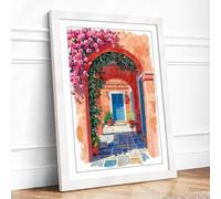 Mediterranean Courtyard Boho Framed Wall Art Print A2 (59.4×42cm) White, Wall Decor for Living Room, Bedroom, Office & Home, Ready to Hang, Art Gift