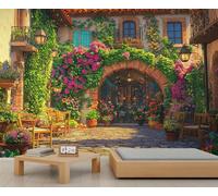 Mediterranean Courtyard Mural Stone Building Wallpaper Flower Garden Wall Mural HD Art Decor Photo Living Room Sofa TV Background Personalized Poster (Non-self-Adhesive)