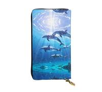 Mediterranean dolphins Zipper leather wallet, 7.5 * 4.1 inch long clutch bag, multiple compartments and large capacity, a good gift for friends