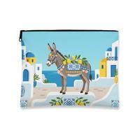Mediterranean Donkey Makeup Bag, Artistic Blue Cosmetic Travel Pouch for Women, Portable Canvas Zipper Case, Summer Skincare Toiletry Organizer, Blue, 7x9 Inch, Donkey