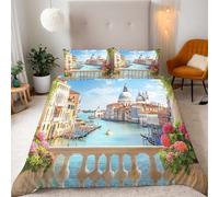Mediterranean Double Duvet Set River Buildings And Vessels Bedding Set Soft Microfiber 3 Piece Bedding Teenager Room Decoration Duvet Covers with 2 Pillow Case (Double，200x200cm)