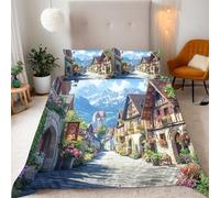 Mediterranean Duvet Cover Sets Snow Mountain Scenic City Bedding Set Single Size - 135x200cm, Kids Quilt Covers Bedding Set Microfibre Polyester 1 Duvet Cover With 2 Pillowcase