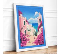Mediterranean Escape Coastal Framed Wall Art Print A4 (29.7×21cm) White, Wall Decor for Living Room, Bedroom, Office & Home, Ready to Hang, Art Gift