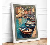 Mediterranean Harbor Light Coastal Framed Wall Art Print A2 (59.4×42cm) White, Wall Decor for Living Room, Bedroom, Office & Home, Ready to Hang, Art Gift