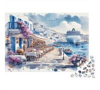 Mediterranean Harbor Scene 1000 Pieces Jigsaw Puzzle for Adults & Children, Eco-Friendly Cardboard, Santorini Street, Brain Teaser Entertainment, Improves Hand-Eye Coordination 70x50cm/1000pcs