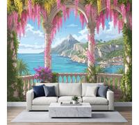 Mediterranean Landscape Wallpaper Photo Mural 300W x 210H cm, Romantic Coastal Arcade Palm Tree Stone Pillar Poster Wallpaper for Living Room Bedroom - Seamless Effect Azure Blue Wall Art Mural