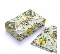 Mediterranean Lemon Botanical Gift Wrap 120gsm Thick Kraft Paper Two Folded Sheets 50x70cm for Foodie Birthday Bridal Shower Vintage Italian Sardine Olive Summer Aesthetic