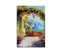Mediterranean Lemon Garden Canvas Art Print, Amalfi Coast Themed Wall Art, Coastal Scenery Hanging Paintings for Kitchen Wall Decoration 12x18inch(30x45cm)