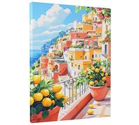 Mediterranean Lemon Tree Canvas Wall Art, Yellow Green Scenic Seaside Print, Summer Aesthetic Decor for Living Room, Kitchen, Balcony, Unframed 12x16 Inch