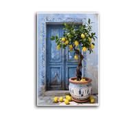 Mediterranean lemon tree wall art rustic blue door lemon print italian kitchen art european wall art aesthetic picture blue yellow kitchen decor canvas print interior decoration