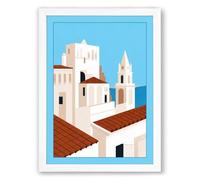 Mediterranean Monastery Minimalist Framed Wall Art Print A2 (59.4×42cm) White, Wall Decor for Living Room, Bedroom, Office & Home, Ready to Hang, Art Gift