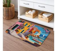 Mediterranean Quick Dry Bath Mat, Colorful Village Pattern Absorbent Non Slip Shower Mat, Summer Memory Foam Washable Rugs for Bathroom Decorative 16x24 Inch