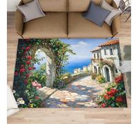 Mediterranean Runner Rug for Hallway, Coastal Town Runner Rug 120x170cm, Vacation Coast Bedside Rugs Washable & Non Slip Carpet for Home Decor