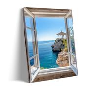 Mediterranean Sea View Wall Art, Open Window Poster, Coastal Cliff Print, Blue Ocean Landscape Canvas, Modern Home Decoration for Living Room or Bedroom 30x40cm Frame