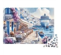 Mediterranean Seaside Restaurant Jigsaw Puzzle for Adults 1000 Piece Puzzle Game Coastal Scenery Relaxing Stress Relief Home Decor 38x26cm/1000pcs