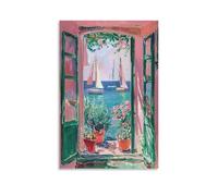 Mediterranean Seaside Window View Wall Art Colorful Impressionist Coastal Painting Poster for Living Room Or Bathroom Boho Summer Vibe Decor Gift 16x24inch(40x60cm) Unframed