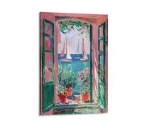 Mediterranean Seaside Window View Wall Art Colorful Impressionist Coastal Painting Poster for Living Room Or Bathroom Boho Summer Vibe Decor Gift 16x24inch(40x60cm) Framed