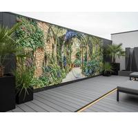 Mediterranean Stone Wall Garden Mural, Tapestry & Curtain Waterproof Outdoor Wall Hanging, Floral Courtyard Garden Wall Art & Fence Decor W196.85 inches x H70.87 Inches