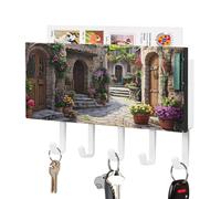 Mediterranean Style Old Stone Buildings Leather Key Holder Wall Mounted with 5 Hooks Decorative Keys Rack for Home Entryway Decor 4.3 × 7.1 Inch